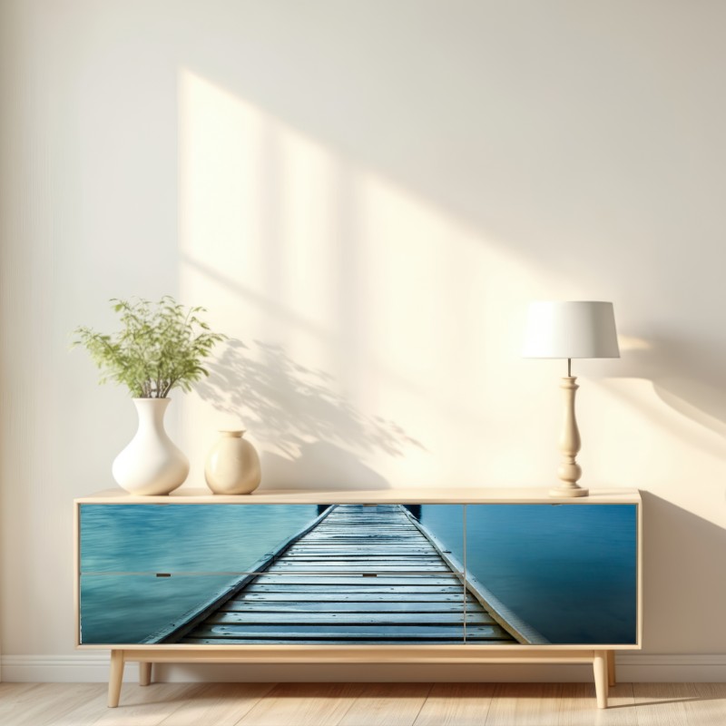 Repositionierbarer Aufkleber blaues bootshaus am ende des stegs – Wallnifity® Repositionierbarer Aufkleber blaues bootshaus am ende des stegs – Wallnifity®
