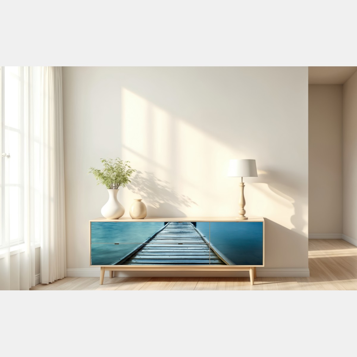 Repositionierbarer Aufkleber blaues bootshaus am ende des stegs – Wallnifity® Repositionierbarer Aufkleber blaues bootshaus am ende des stegs – Wallnifity®