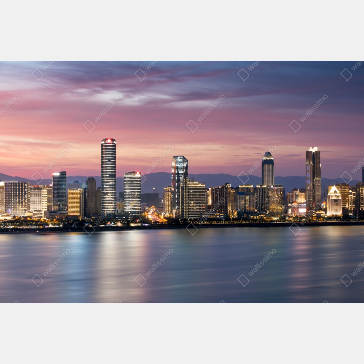 Repositionierbarer Aufkleber ruhige stadtskyline bei dämmerung – Wallnifity® Repositionierbarer Aufkleber ruhige stadtskyline bei dämmerung – Wallnifity®
