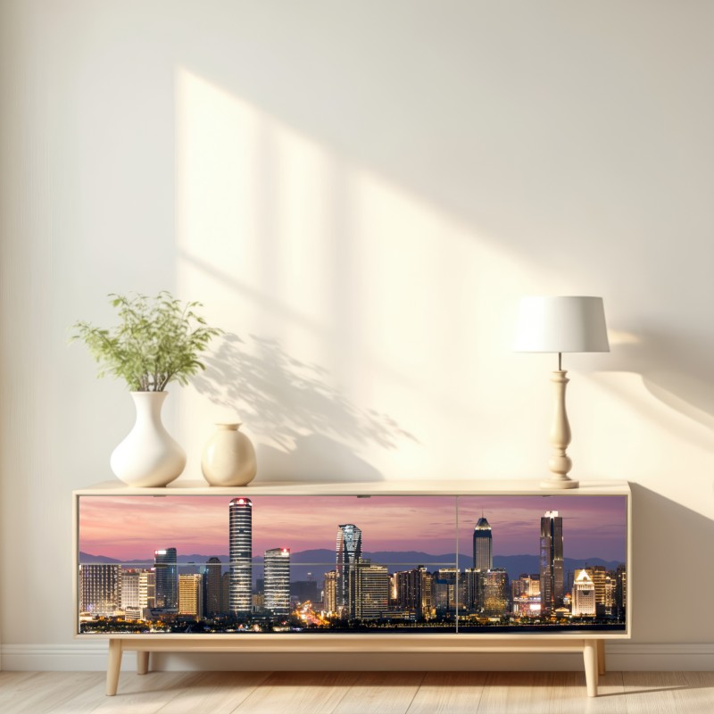 Repositionierbarer Aufkleber ruhige stadtskyline bei dämmerung – Wallnifity® Repositionierbarer Aufkleber ruhige stadtskyline bei dämmerung – Wallnifity®