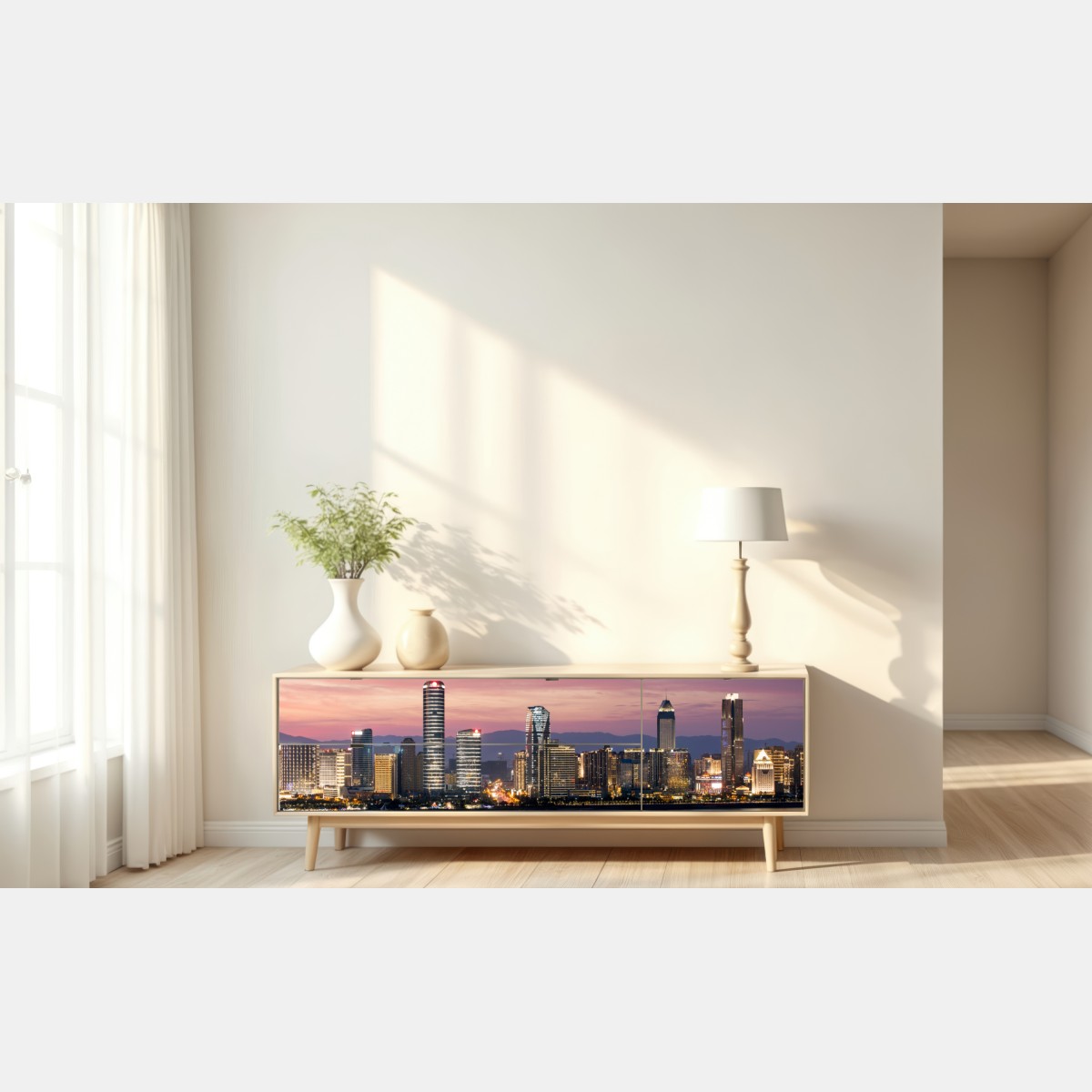 Repositionierbarer Aufkleber ruhige stadtskyline bei dämmerung – Wallnifity® Repositionierbarer Aufkleber ruhige stadtskyline bei dämmerung – Wallnifity®