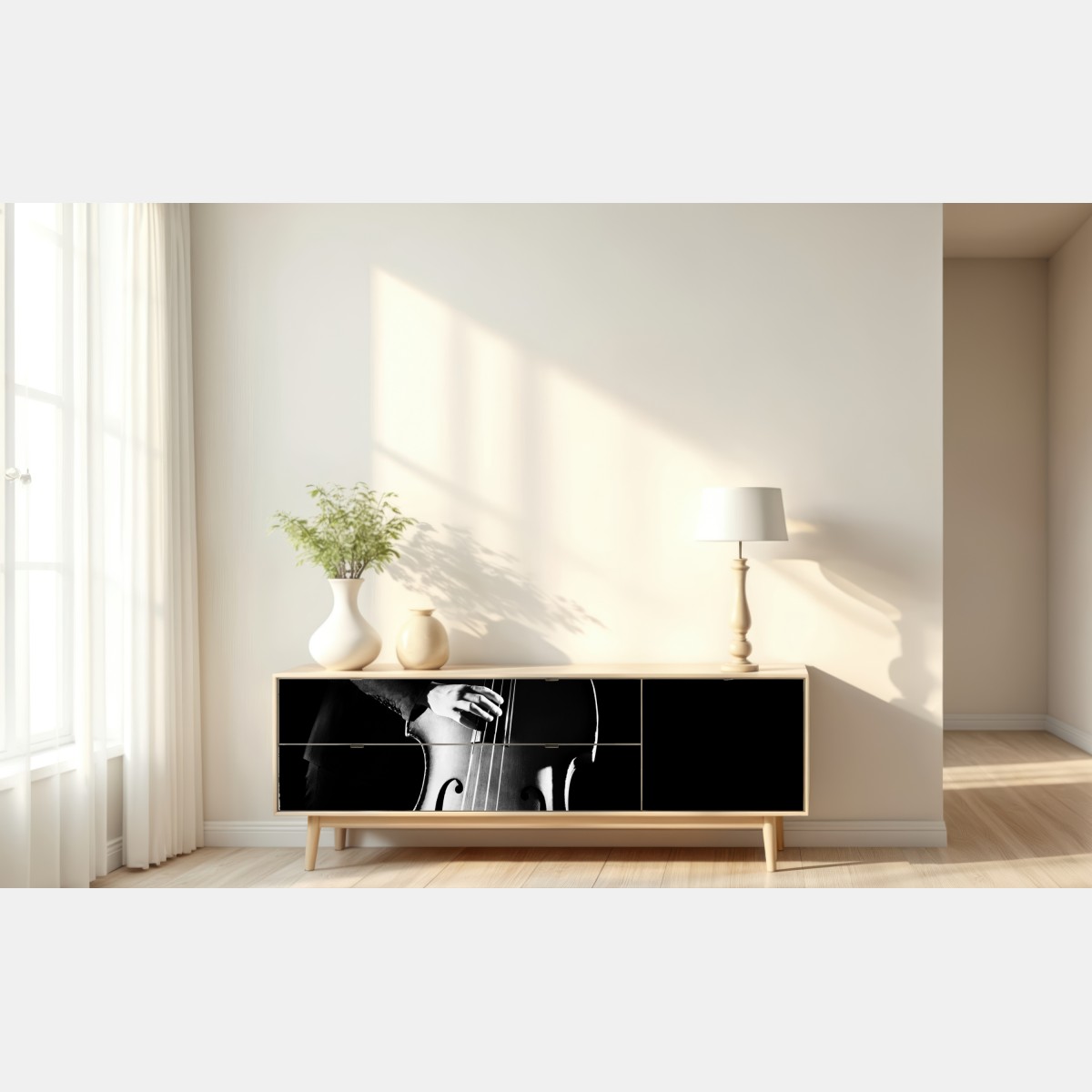 Repositionierbarer Aufkleber kontrabassist im dramatischen licht – Wallnifity® Repositionierbarer Aufkleber kontrabassist im dramatischen licht – Wallnifity®