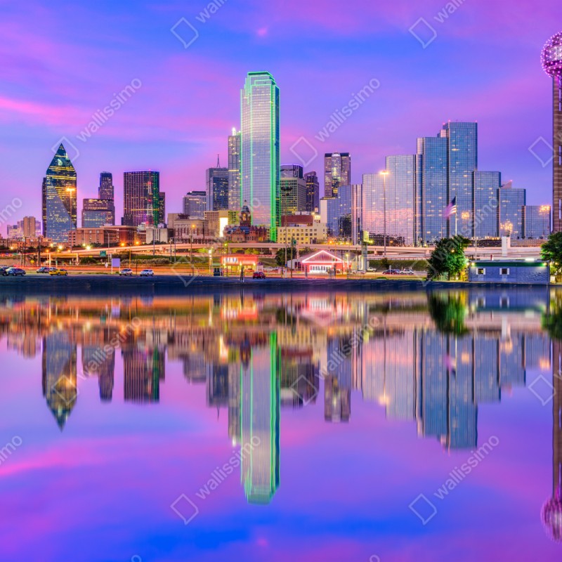 Repositionierbarer Aufkleber Dallas skyline im violetten abendlicht – Wallnifity® Repositionierbarer Aufkleber Dallas skyline im violetten abendlicht – Wallnifity®