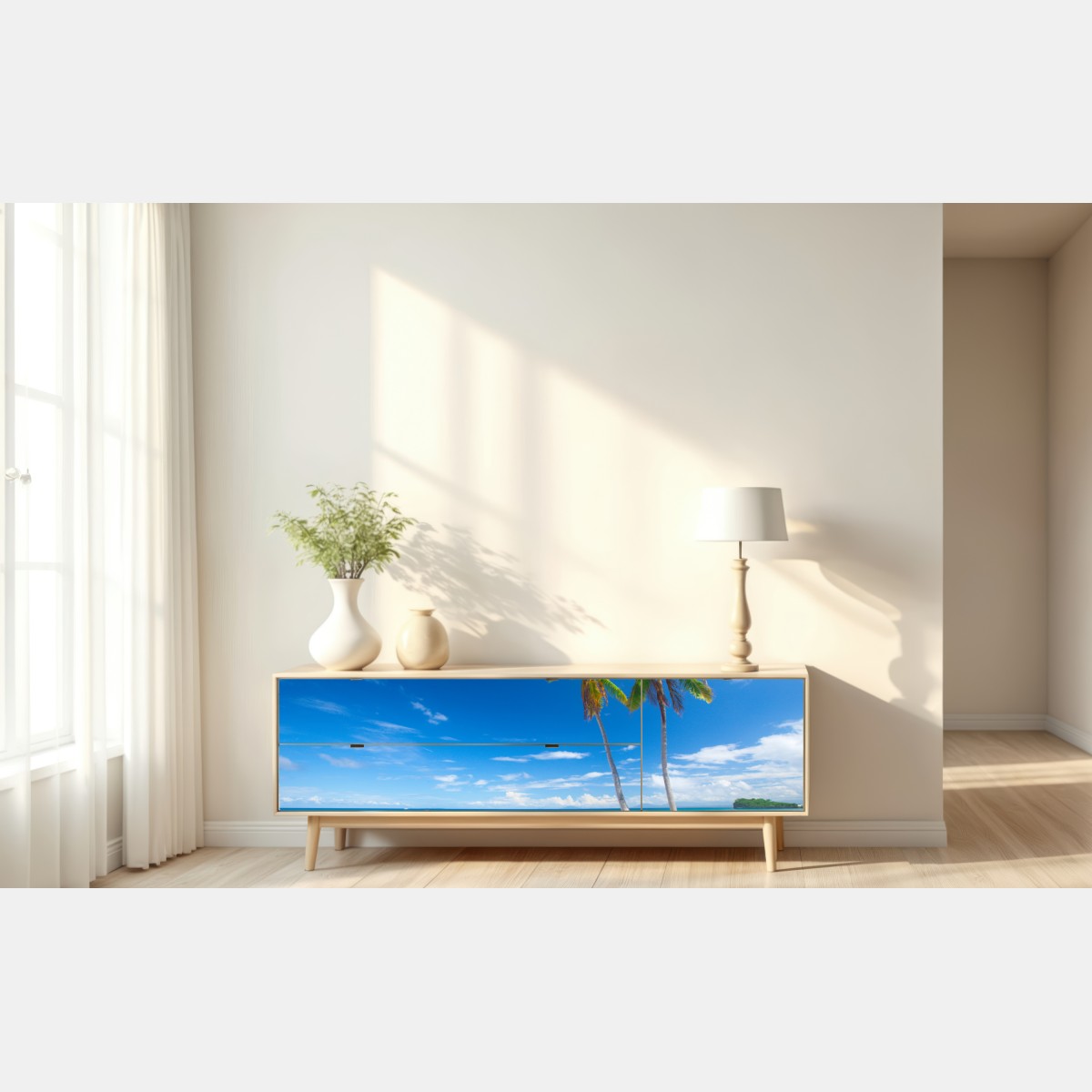 Repositionierbarer Aufkleber tropische palmen an einem türkisfarbenen strand – Wallnifity® Repositionierbarer Aufkleber tropische palmen an einem türkisfarbenen strand – Wallnifity®