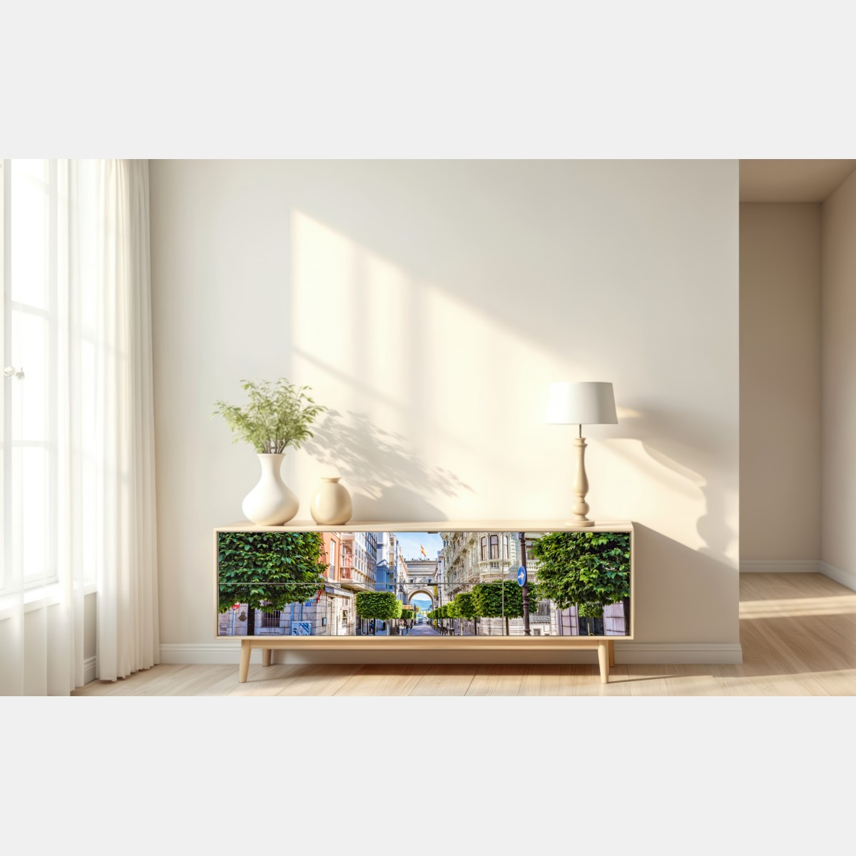 Repositionierbarer Aufkleber Santander straße im stadtkern mit historischem bogen – Wallnifity® Repositionierbarer Aufkleber Santander straße im stadtkern mit historischem bogen – Wallnifity®