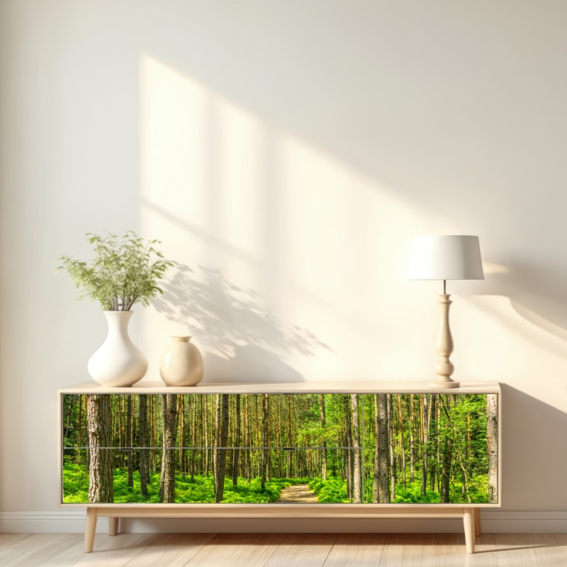 Repositionierbarer Aufkleber sonniger waldweg zwischen kiefern – Wallnifity® Repositionierbarer Aufkleber sonniger waldweg zwischen kiefern – Wallnifity®
