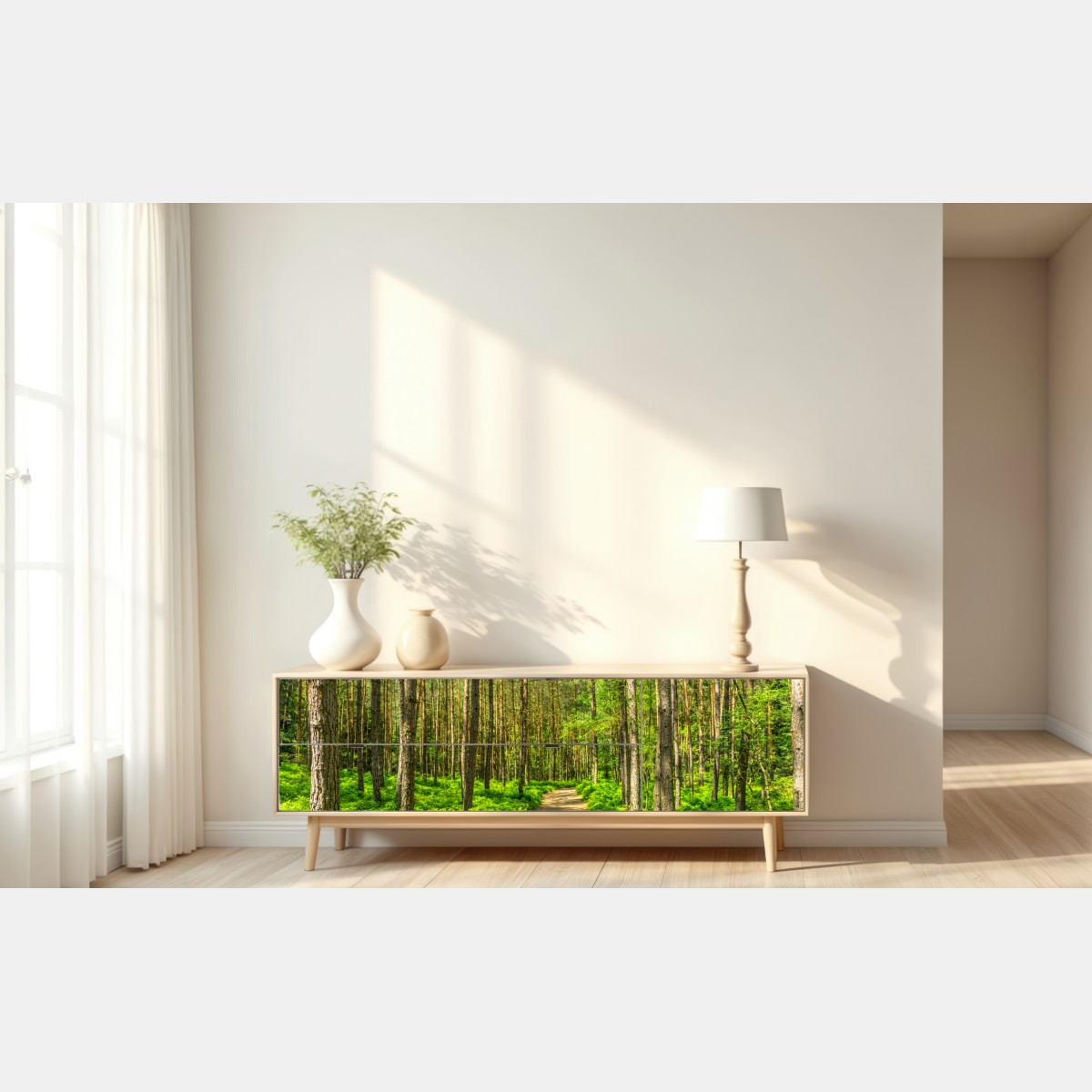 Repositionierbarer Aufkleber sonniger waldweg zwischen kiefern – Wallnifity® Repositionierbarer Aufkleber sonniger waldweg zwischen kiefern – Wallnifity®