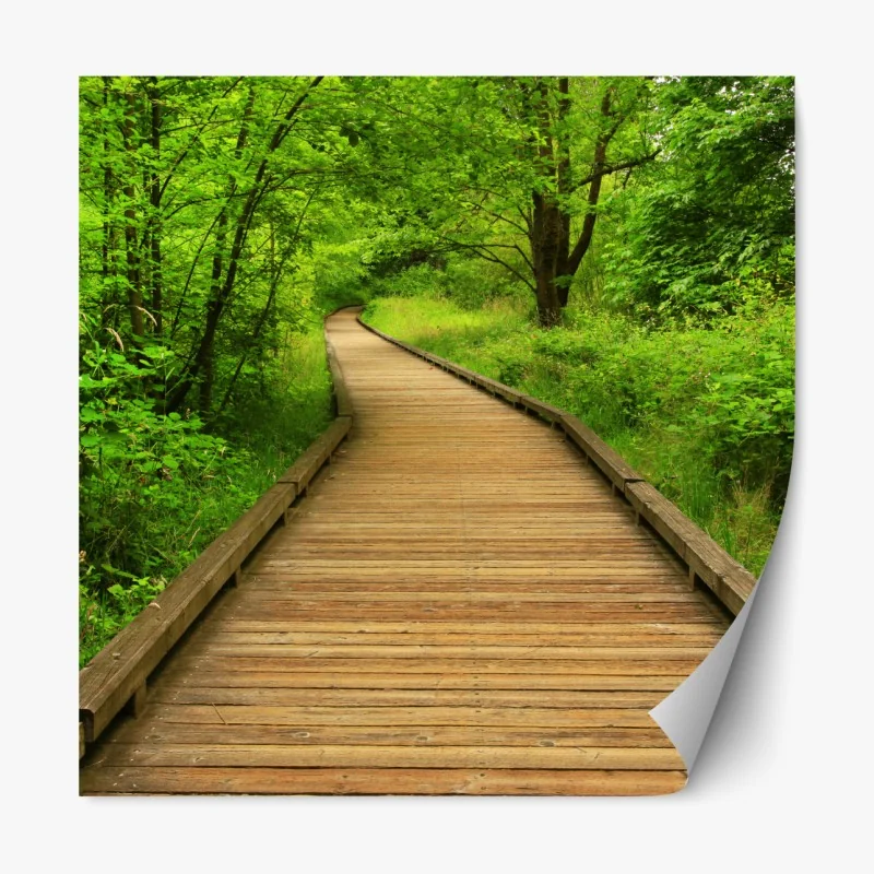 Repositionierbarer Aufkleber ruhiger holzsteg im wald