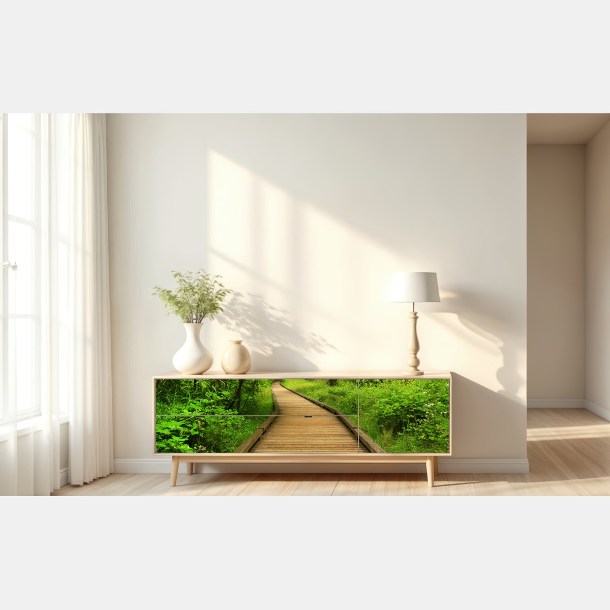 Repositionierbarer Aufkleber ruhiger holzsteg im wald – Wallnifity® Repositionierbarer Aufkleber ruhiger holzsteg im wald – Wallnifity®