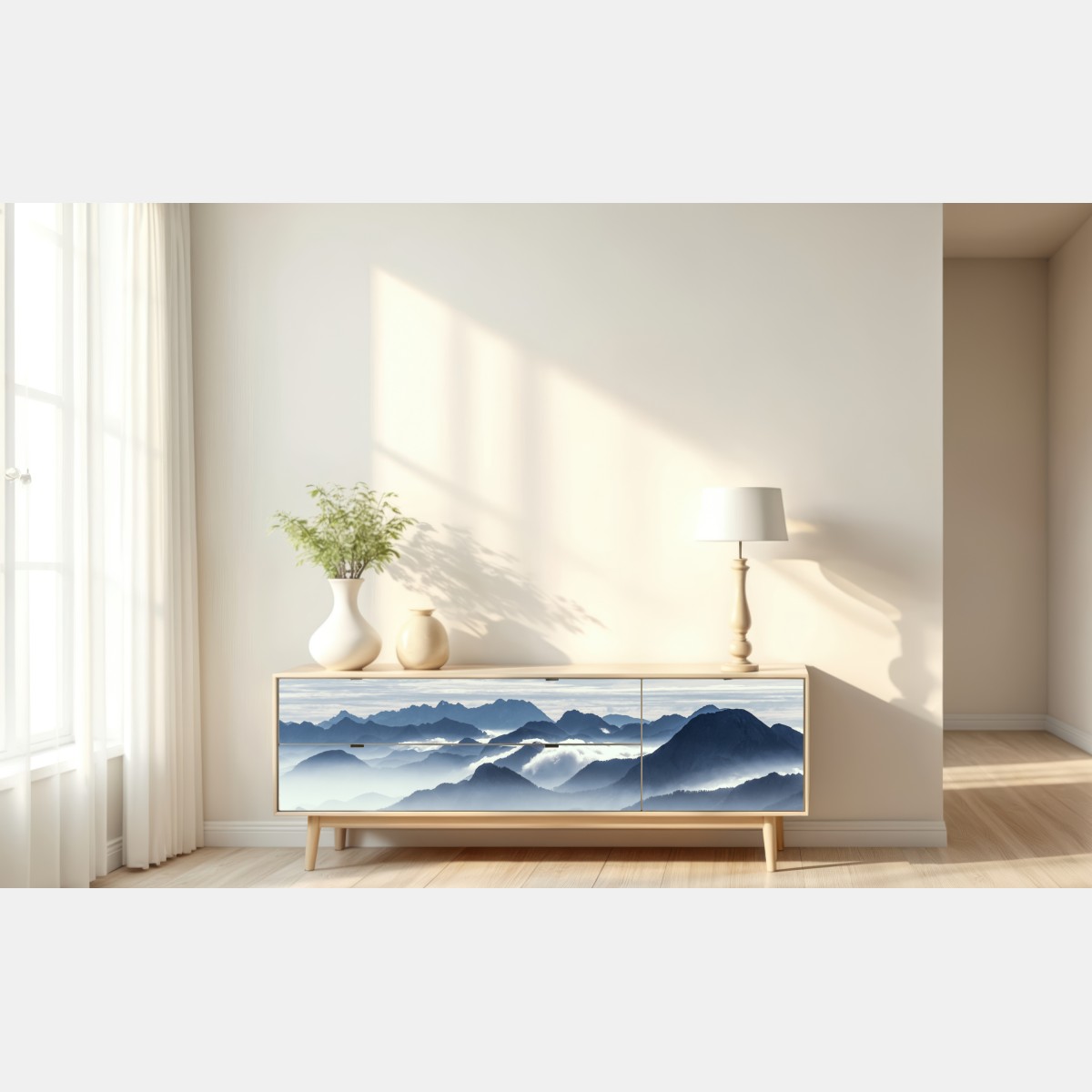 Repositionierbarer Aufkleber neblige bergschichten im morgenlicht – Wallnifity® Repositionierbarer Aufkleber neblige bergschichten im morgenlicht – Wallnifity®