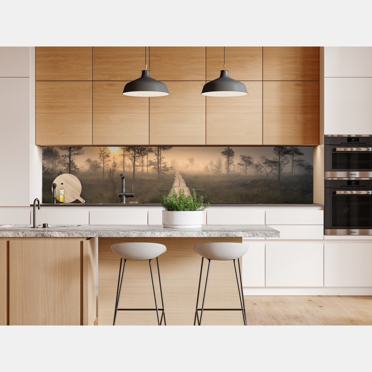 Repositionierbarer Aufkleber nebliger sonnenaufgang über dem holzsteg – Wallnifity® Repositionierbarer Aufkleber nebliger sonnenaufgang über dem holzsteg – Wallnifity®