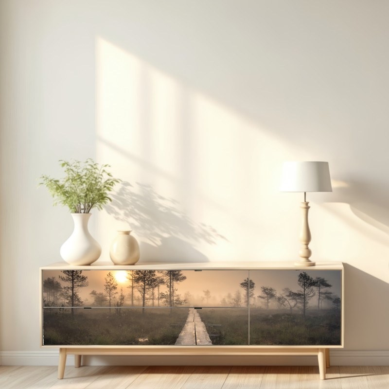 Repositionierbarer Aufkleber nebliger sonnenaufgang über dem holzsteg – Wallnifity® Repositionierbarer Aufkleber nebliger sonnenaufgang über dem holzsteg – Wallnifity®