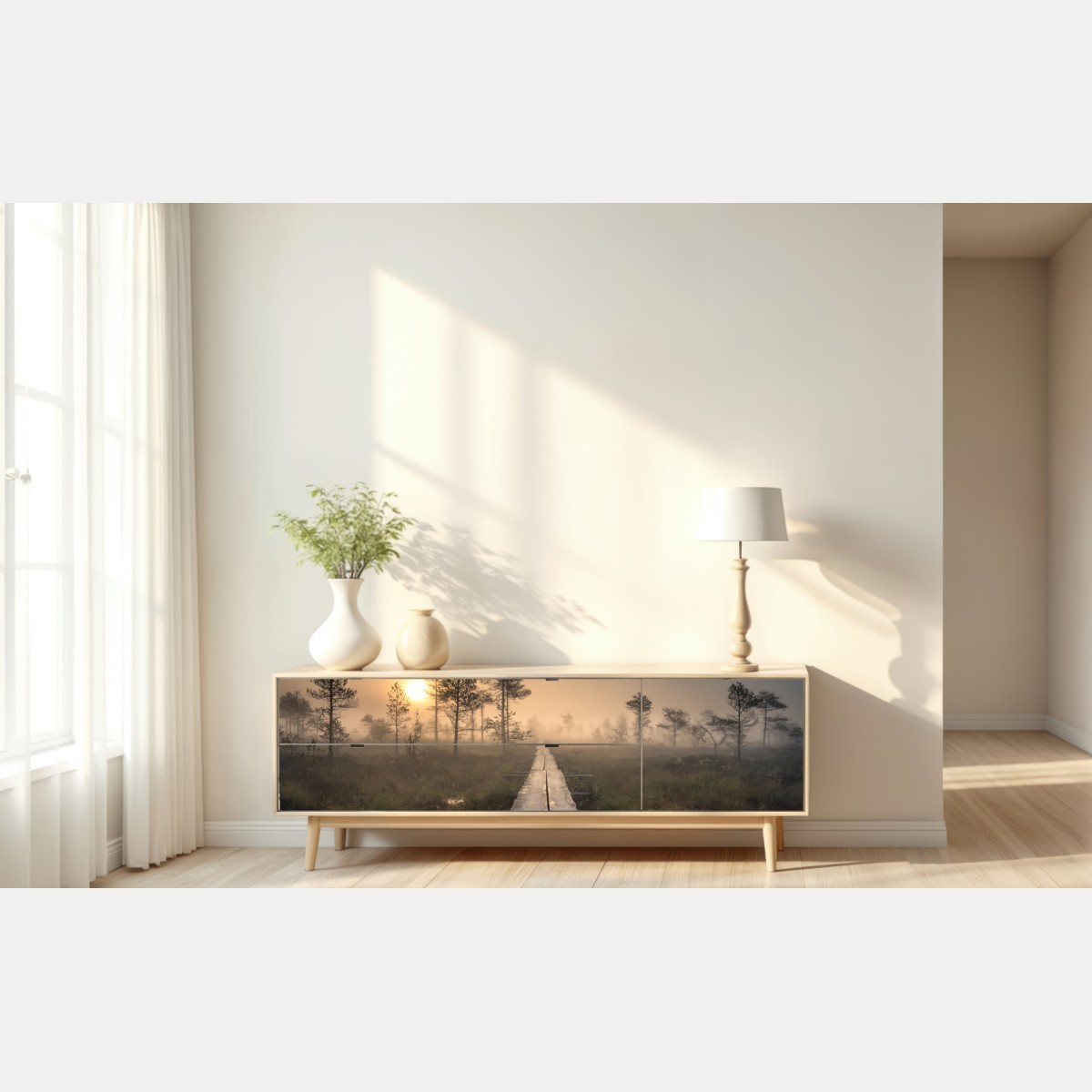 Repositionierbarer Aufkleber nebliger sonnenaufgang über dem holzsteg – Wallnifity® Repositionierbarer Aufkleber nebliger sonnenaufgang über dem holzsteg – Wallnifity®