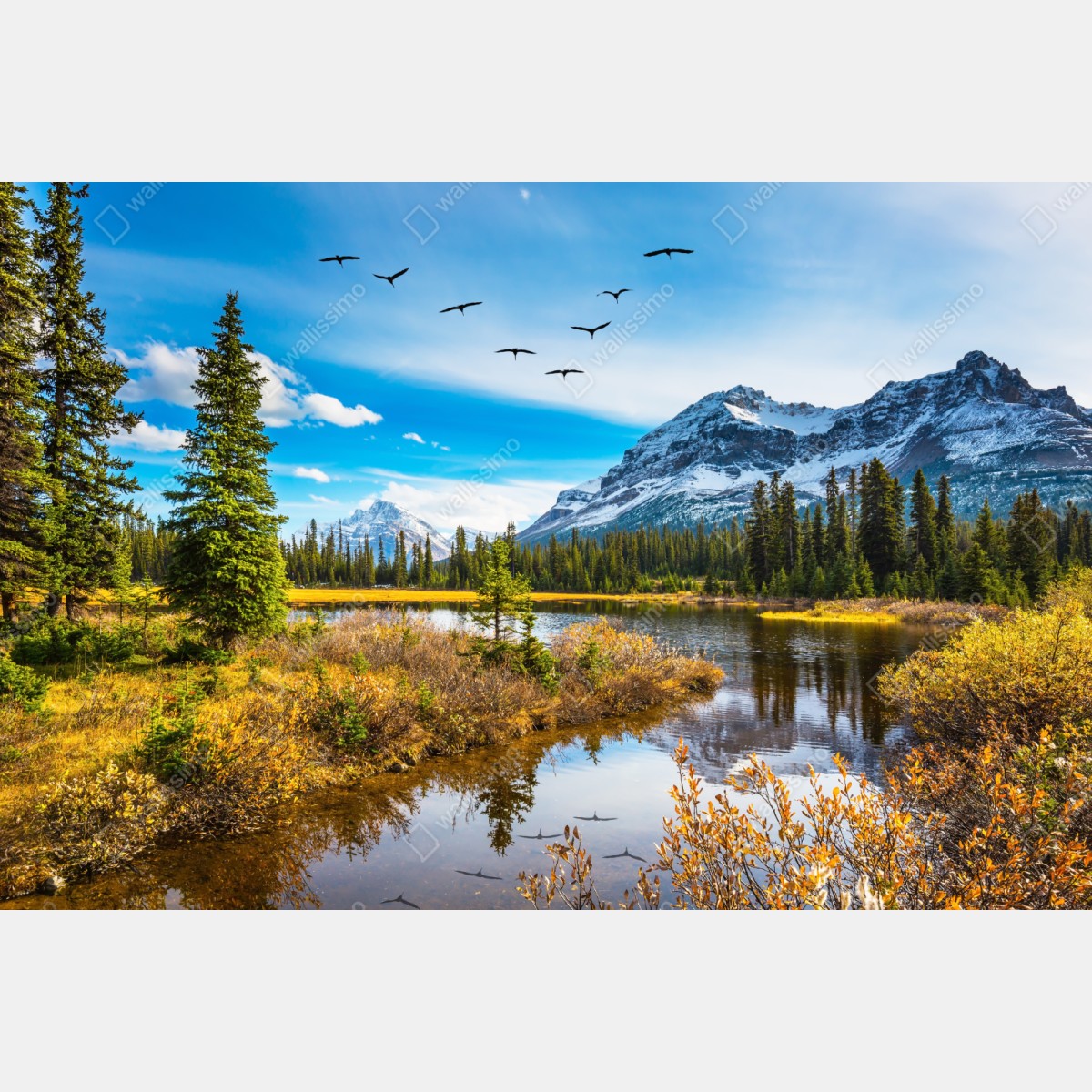 Repositionierbarer Aufkleber herbstlicher bergsee mit vögeln – Wallnifity® Repositionierbarer Aufkleber herbstlicher bergsee mit vögeln – Wallnifity®
