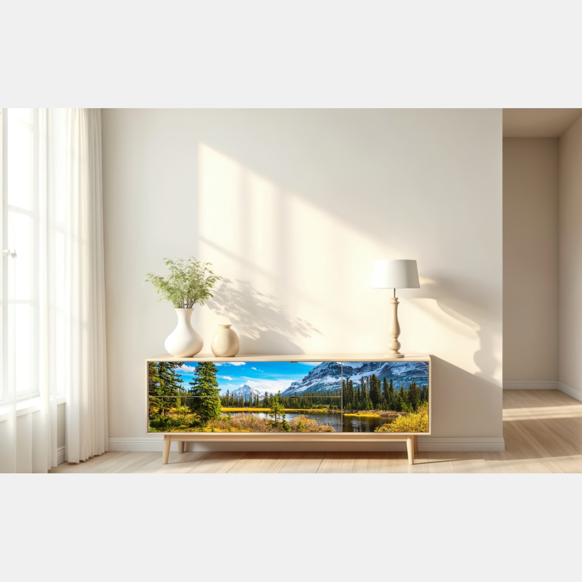 Repositionierbarer Aufkleber herbstlicher bergsee mit vögeln – Wallnifity® Repositionierbarer Aufkleber herbstlicher bergsee mit vögeln – Wallnifity®