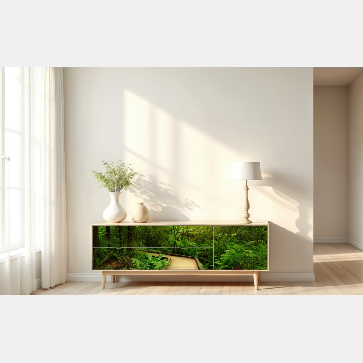 Repositionierbarer Aufkleber ruhiger grüner waldsteg – Wallnifity® Repositionierbarer Aufkleber ruhiger grüner waldsteg – Wallnifity®