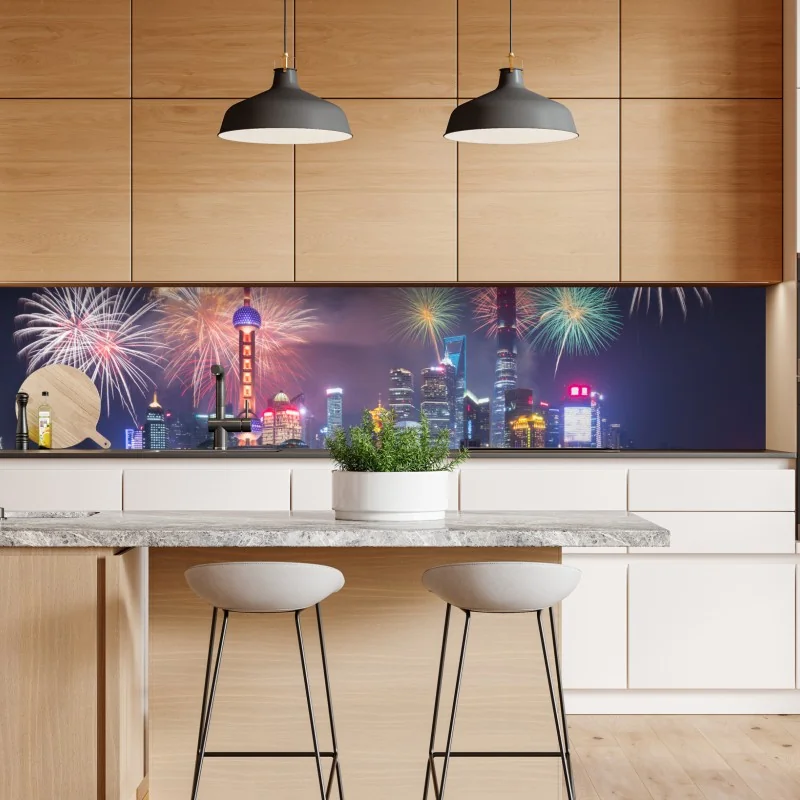 Repositionierbarer Aufkleber Shanghai skyline mit feuerwerk über dem Huangpu – Wallnifity® Repositionierbarer Aufkleber Shanghai skyline mit feuerwerk über dem Huangpu – Wallnifity®