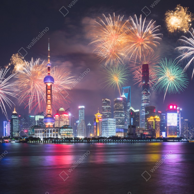 Repositionierbarer Aufkleber Shanghai skyline mit feuerwerk über dem Huangpu – Wallnifity® Repositionierbarer Aufkleber Shanghai skyline mit feuerwerk über dem Huangpu – Wallnifity®