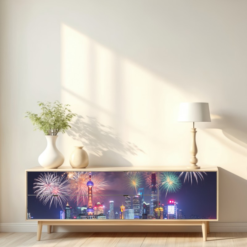 Repositionierbarer Aufkleber Shanghai skyline mit feuerwerk über dem Huangpu – Wallnifity® Repositionierbarer Aufkleber Shanghai skyline mit feuerwerk über dem Huangpu – Wallnifity®