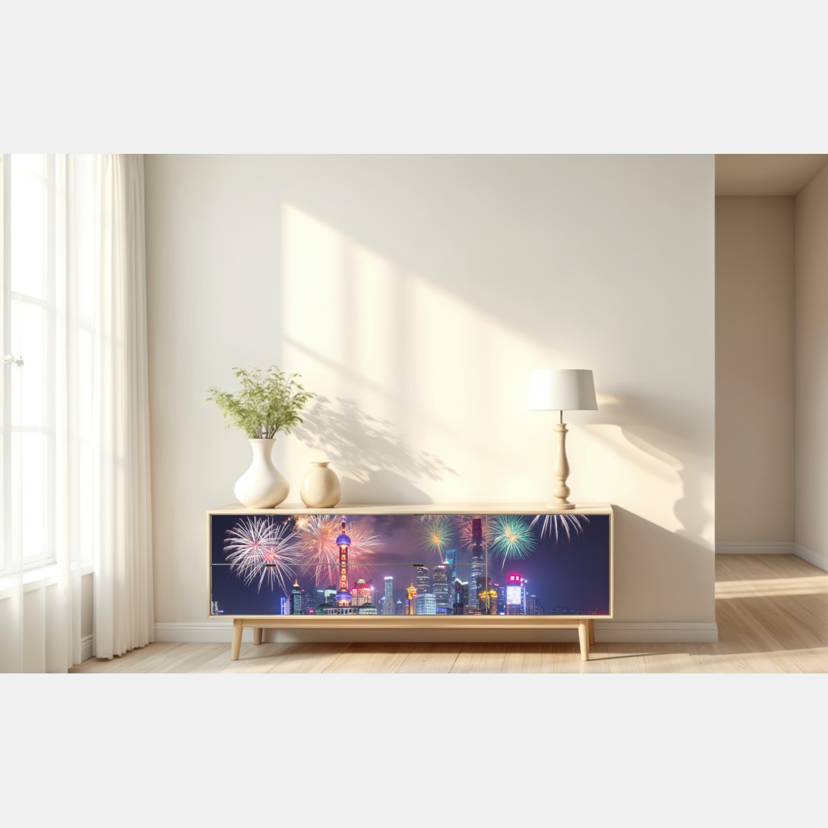 Repositionierbarer Aufkleber Shanghai skyline mit feuerwerk über dem Huangpu – Wallnifity® Repositionierbarer Aufkleber Shanghai skyline mit feuerwerk über dem Huangpu – Wallnifity®