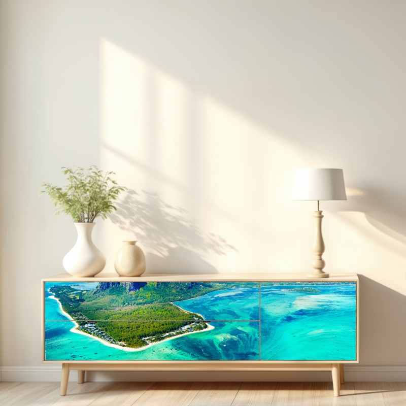 Repositionierbarer Aufkleber türkisfarbene lagune aus der luft, Mauritius – Wallnifity® Repositionierbarer Aufkleber türkisfarbene lagune aus der luft, Mauritius – Wallnifity®