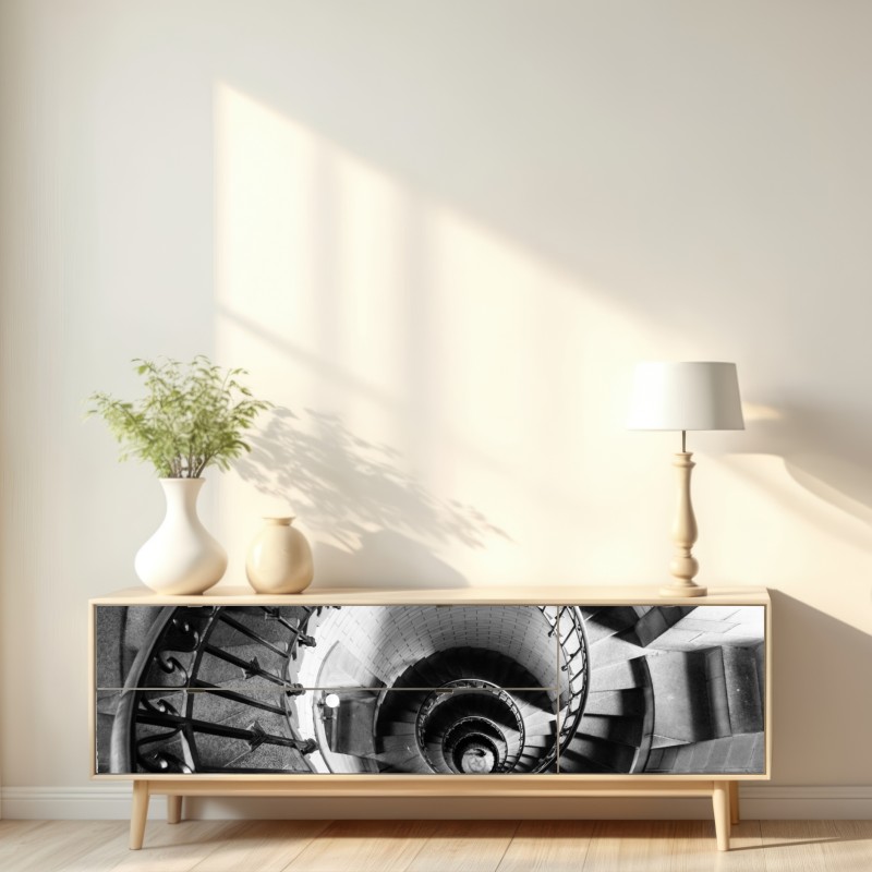 Repositionierbarer Aufkleber spiraltreppe in monochromer perspektive – Wallnifity® Repositionierbarer Aufkleber spiraltreppe in monochromer perspektive – Wallnifity®