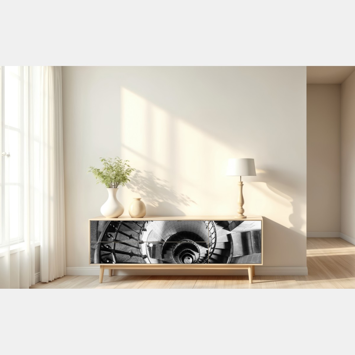 Repositionierbarer Aufkleber spiraltreppe in monochromer perspektive – Wallnifity® Repositionierbarer Aufkleber spiraltreppe in monochromer perspektive – Wallnifity®