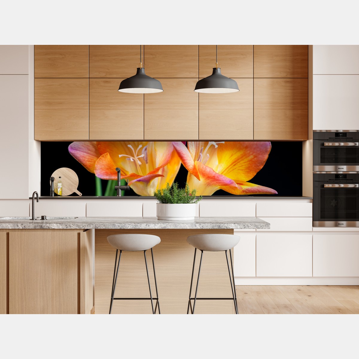 Repositionierbarer Aufkleber leuchtende orange freesien vor schwarzem hintergrund – Wallnifity® Repositionierbarer Aufkleber leuchtende orange freesien vor schwarzem hintergrund – Wallnifity®