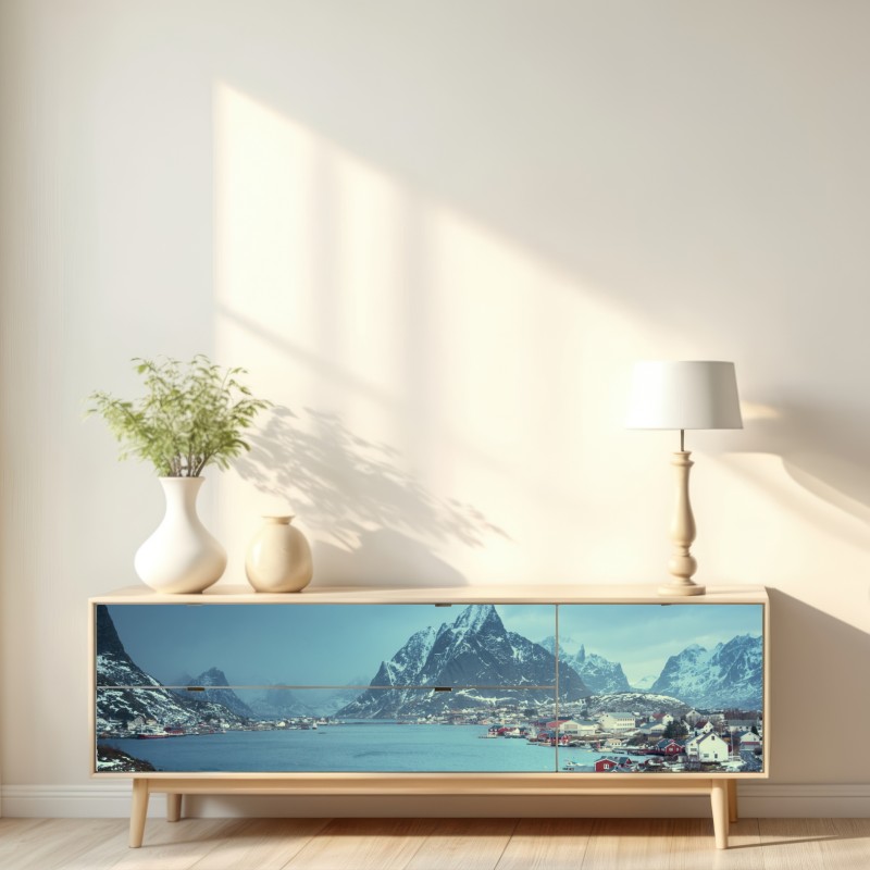 Repositionierbarer Aufkleber Reine winterlicher fjord in den Lofoten – Wallnifity® Repositionierbarer Aufkleber Reine winterlicher fjord in den Lofoten – Wallnifity®