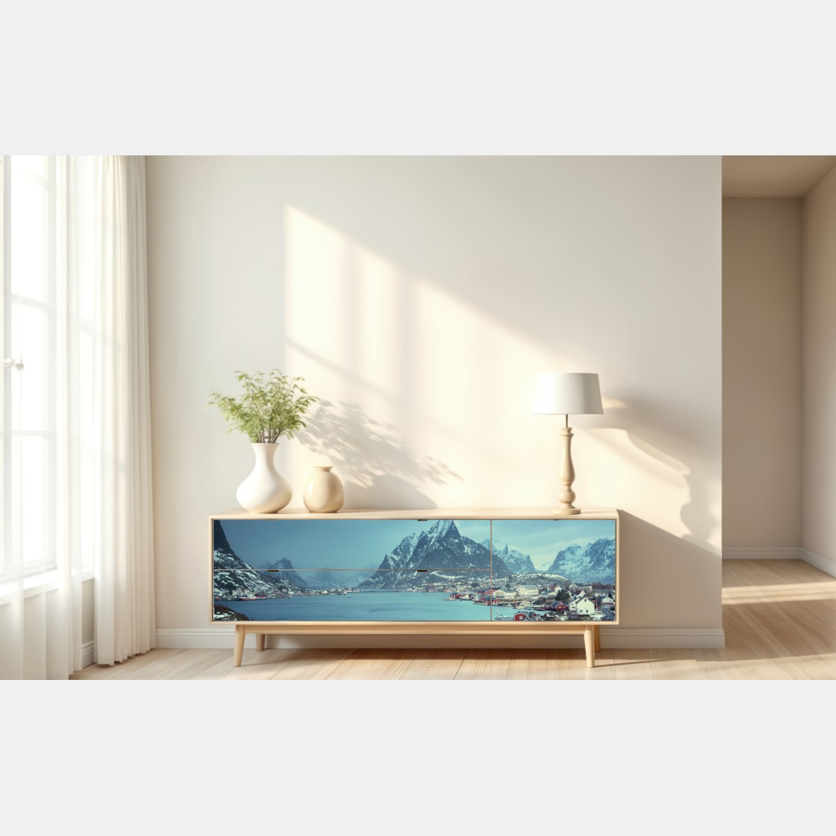 Repositionierbarer Aufkleber Reine winterlicher fjord in den Lofoten – Wallnifity® Repositionierbarer Aufkleber Reine winterlicher fjord in den Lofoten – Wallnifity®