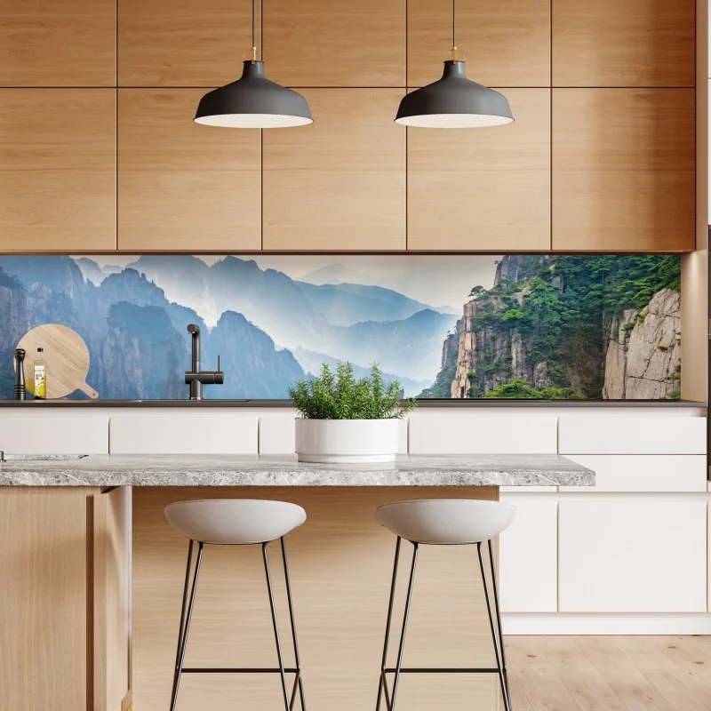 Repositionierbarer Aufkleber neblige bergklippen mit sonnenstrahlen – Wallnifity® Repositionierbarer Aufkleber neblige bergklippen mit sonnenstrahlen – Wallnifity®