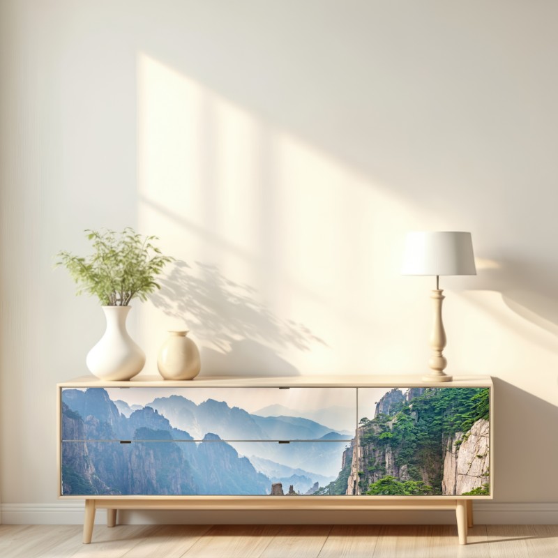 Repositionierbarer Aufkleber neblige bergklippen mit sonnenstrahlen – Wallnifity® Repositionierbarer Aufkleber neblige bergklippen mit sonnenstrahlen – Wallnifity®