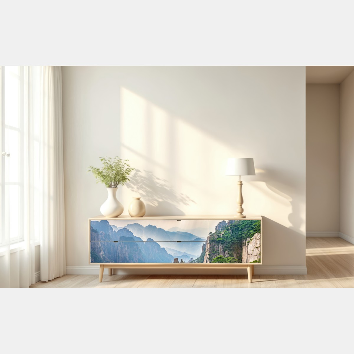 Repositionierbarer Aufkleber neblige bergklippen mit sonnenstrahlen – Wallnifity® Repositionierbarer Aufkleber neblige bergklippen mit sonnenstrahlen – Wallnifity®
