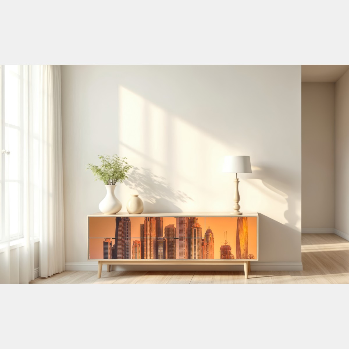 Repositionierbarer Aufkleber Dubai skyline im goldenen licht – Wallnifity® Repositionierbarer Aufkleber Dubai skyline im goldenen licht – Wallnifity®