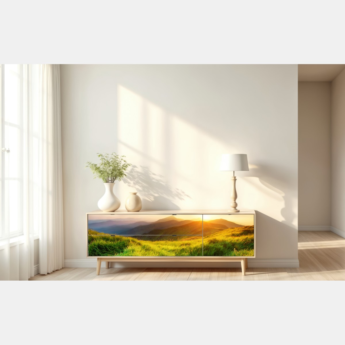 Repositionierbarer Aufkleber sonnige bergwiese bei sonnenaufgang – Wallnifity® Repositionierbarer Aufkleber sonnige bergwiese bei sonnenaufgang – Wallnifity®