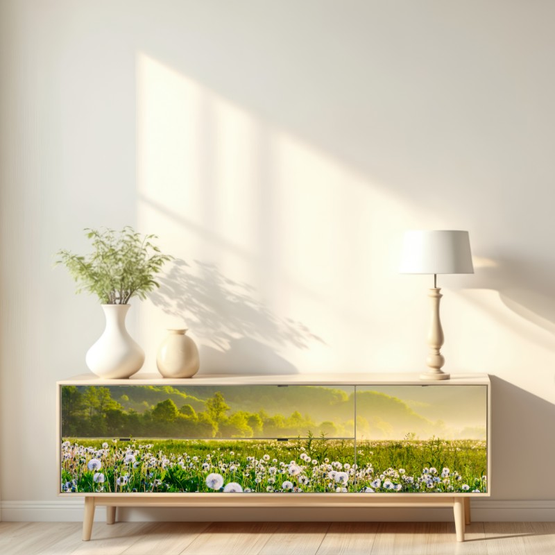 Repositionierbarer Aufkleber neblige löwenzahnwiese im sonnenaufgang – Wallnifity® Repositionierbarer Aufkleber neblige löwenzahnwiese im sonnenaufgang – Wallnifity®