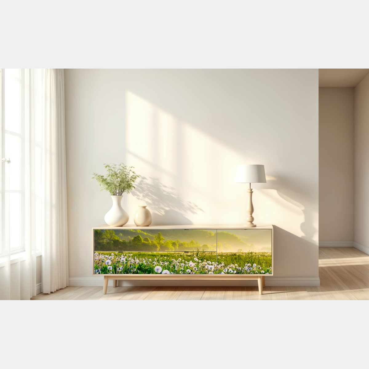 Repositionierbarer Aufkleber neblige löwenzahnwiese im sonnenaufgang – Wallnifity® Repositionierbarer Aufkleber neblige löwenzahnwiese im sonnenaufgang – Wallnifity®
