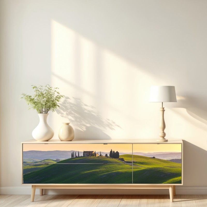 Repositionierbarer Aufkleber bauernhaus auf grünen hügeln, Crete Senesi – Wallnifity® Repositionierbarer Aufkleber bauernhaus auf grünen hügeln, Crete Senesi – Wallnifity®