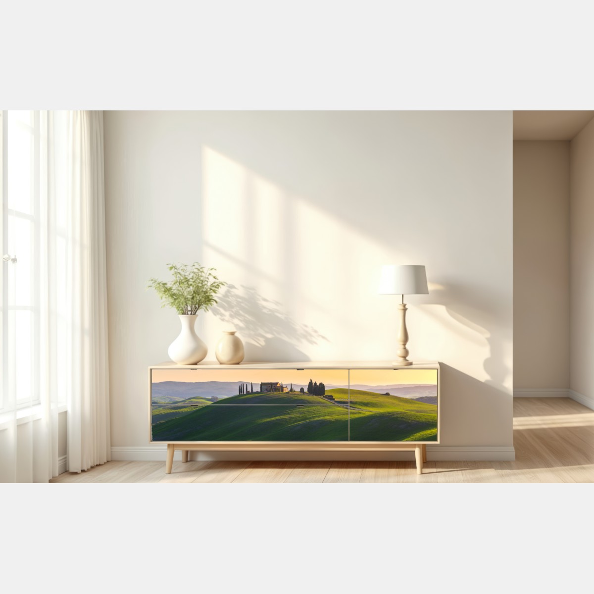 Repositionierbarer Aufkleber bauernhaus auf grünen hügeln, Crete Senesi – Wallnifity® Repositionierbarer Aufkleber bauernhaus auf grünen hügeln, Crete Senesi – Wallnifity®
