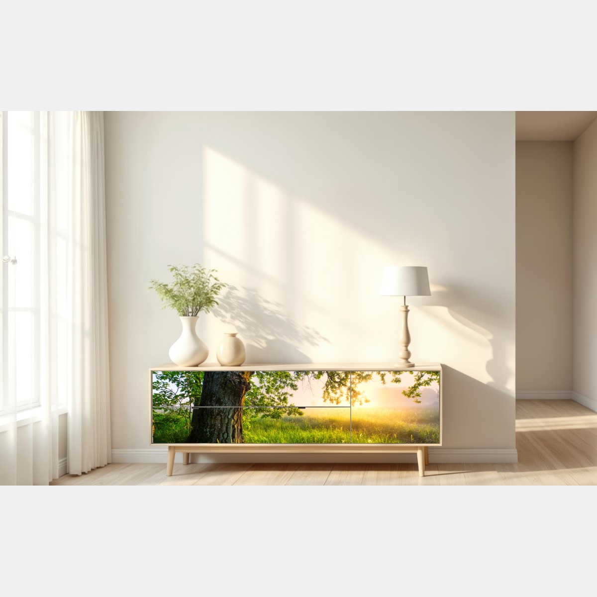 Repositionierbarer Aufkleber morgendliche eiche auf sonnenbeschienener wiese – Wallnifity® Repositionierbarer Aufkleber morgendliche eiche auf sonnenbeschienener wiese – Wallnifity®