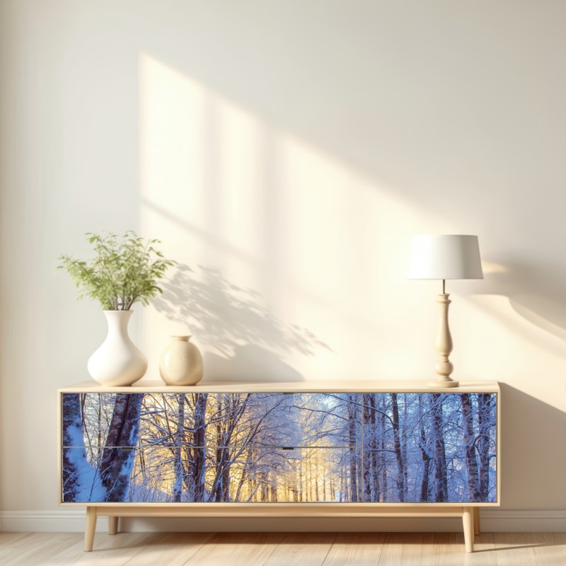 Repositionierbarer Aufkleber birkenwald im winter bei sonnenaufgang – Wallnifity® Repositionierbarer Aufkleber birkenwald im winter bei sonnenaufgang – Wallnifity®