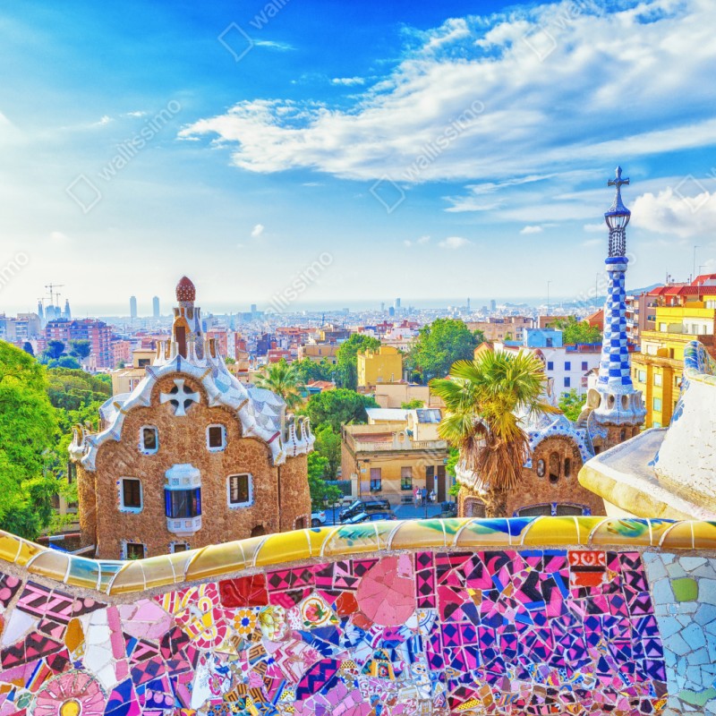 Repositionierbarer Aufkleber lebendiges Barcelona Park Güell mosaik panorama – Wallnifity® Repositionierbarer Aufkleber lebendiges Barcelona Park Güell mosaik panorama – Wallnifity®