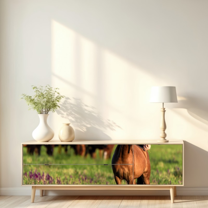 Repositionierbarer Aufkleber majestätisches braunes pferd auf einer sonnenbeschienenen wiese – Wallnifity® Repositionierbarer Aufkleber majestätisches braunes pferd auf einer sonnenbeschienenen wiese – Wallnifity®