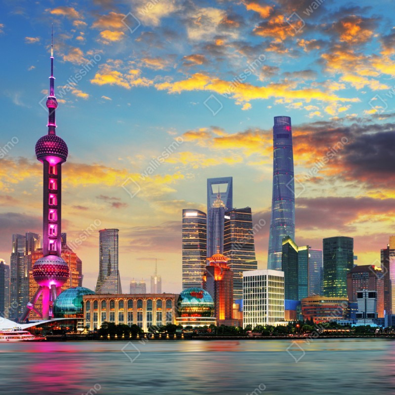 Repositionierbarer Aufkleber Shanghai skyline bei sonnenuntergang – Wallnifity® Repositionierbarer Aufkleber Shanghai skyline bei sonnenuntergang – Wallnifity®