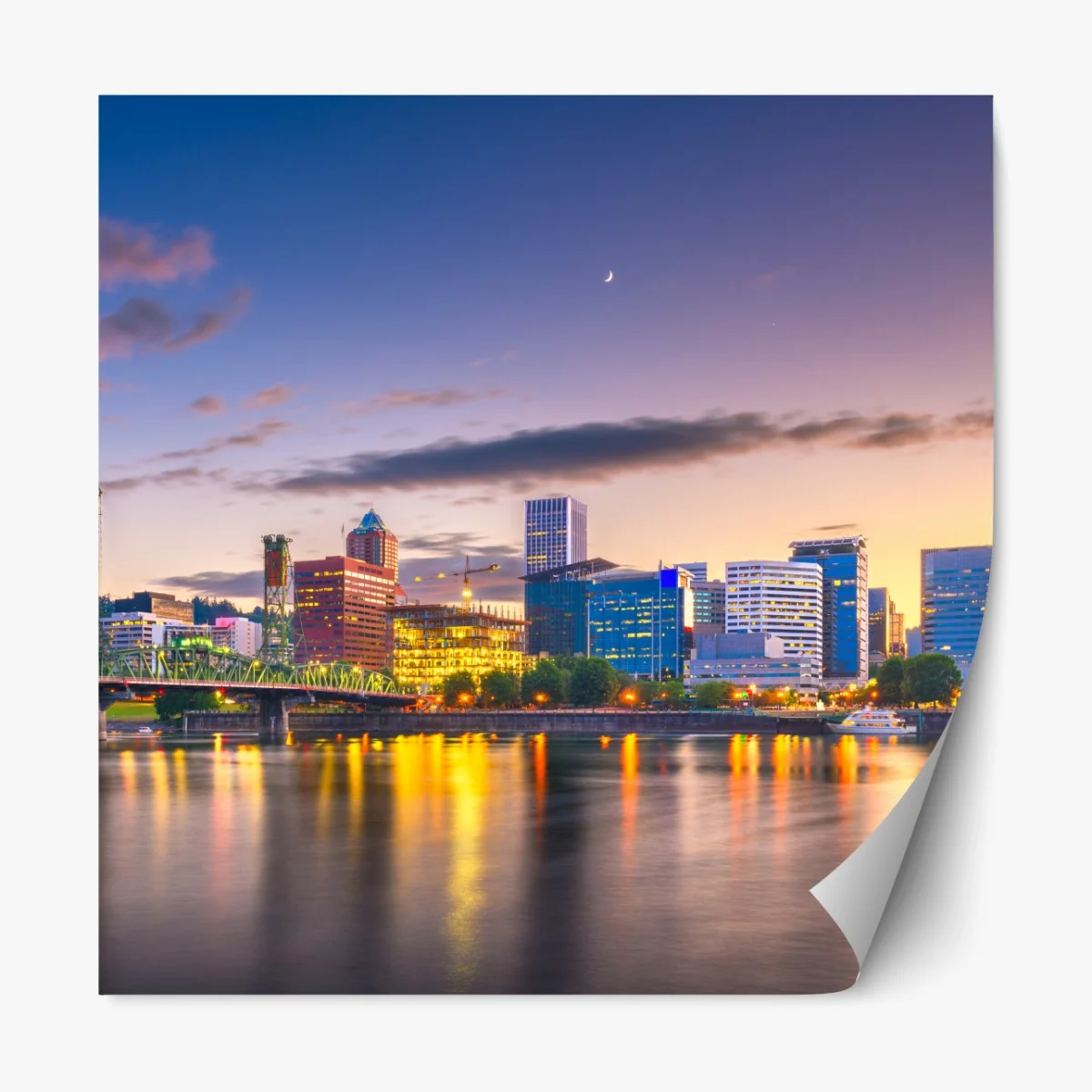 Repositionierbarer Aufkleber Portland skyline in der dämmerung über dem Willamette – Wallnifity® Repositionierbarer Aufkleber Portland skyline in der dämmerung über dem Willamette – Wallnifity®