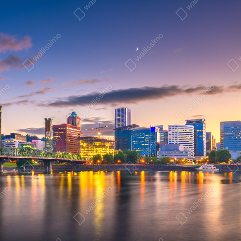 Repositionierbarer Aufkleber Portland skyline in der dämmerung über dem Willamette – Wallnifity® Repositionierbarer Aufkleber Portland skyline in der dämmerung über dem Willamette – Wallnifity®