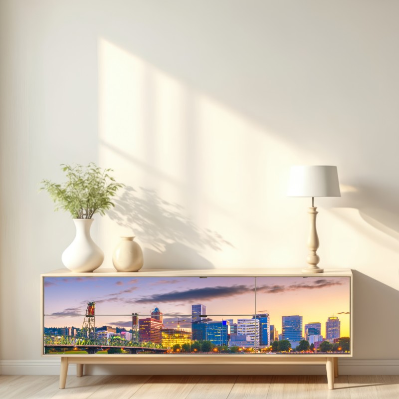 Repositionierbarer Aufkleber Portland skyline in der dämmerung über dem Willamette – Wallnifity® Repositionierbarer Aufkleber Portland skyline in der dämmerung über dem Willamette – Wallnifity®