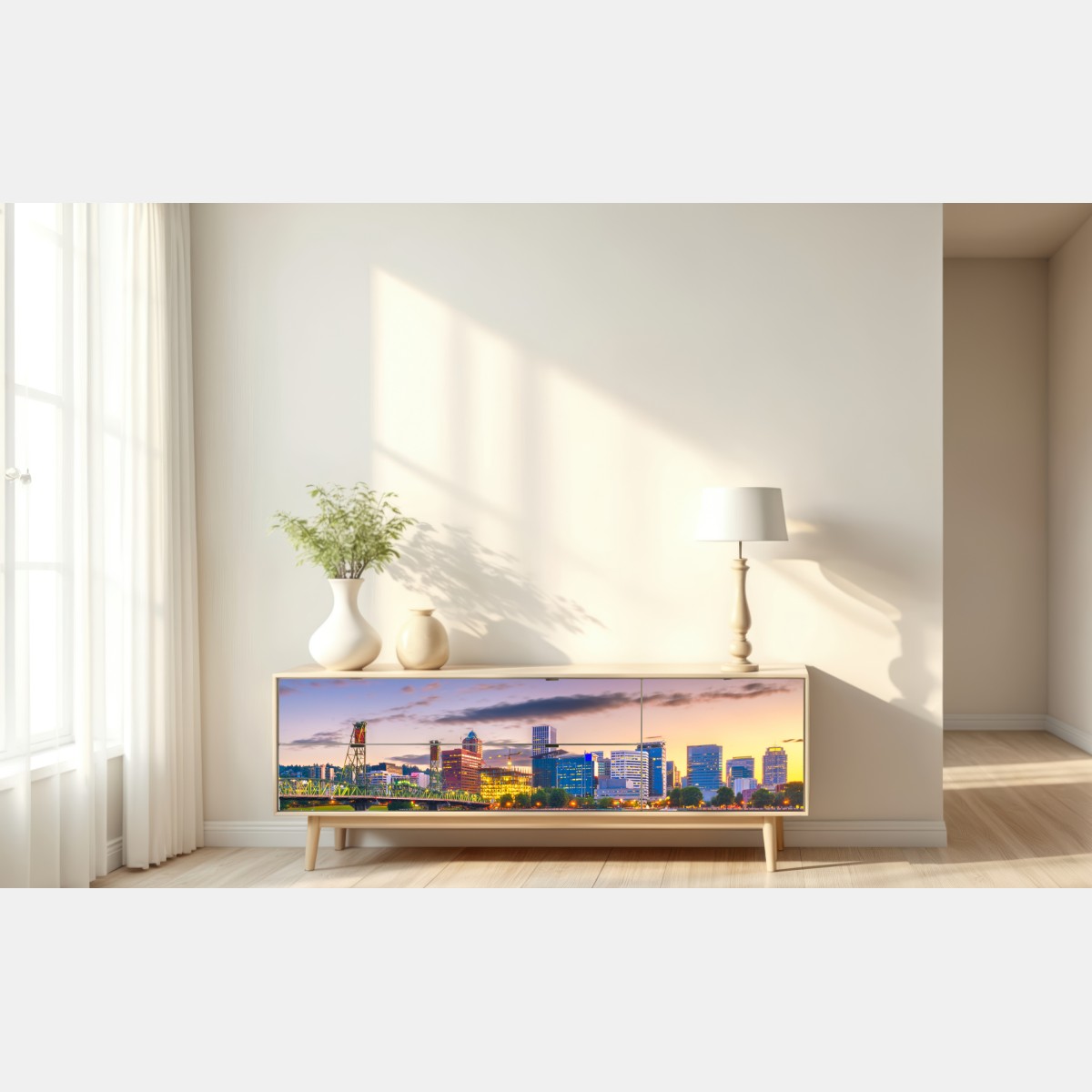 Repositionierbarer Aufkleber Portland skyline in der dämmerung über dem Willamette – Wallnifity® Repositionierbarer Aufkleber Portland skyline in der dämmerung über dem Willamette – Wallnifity®