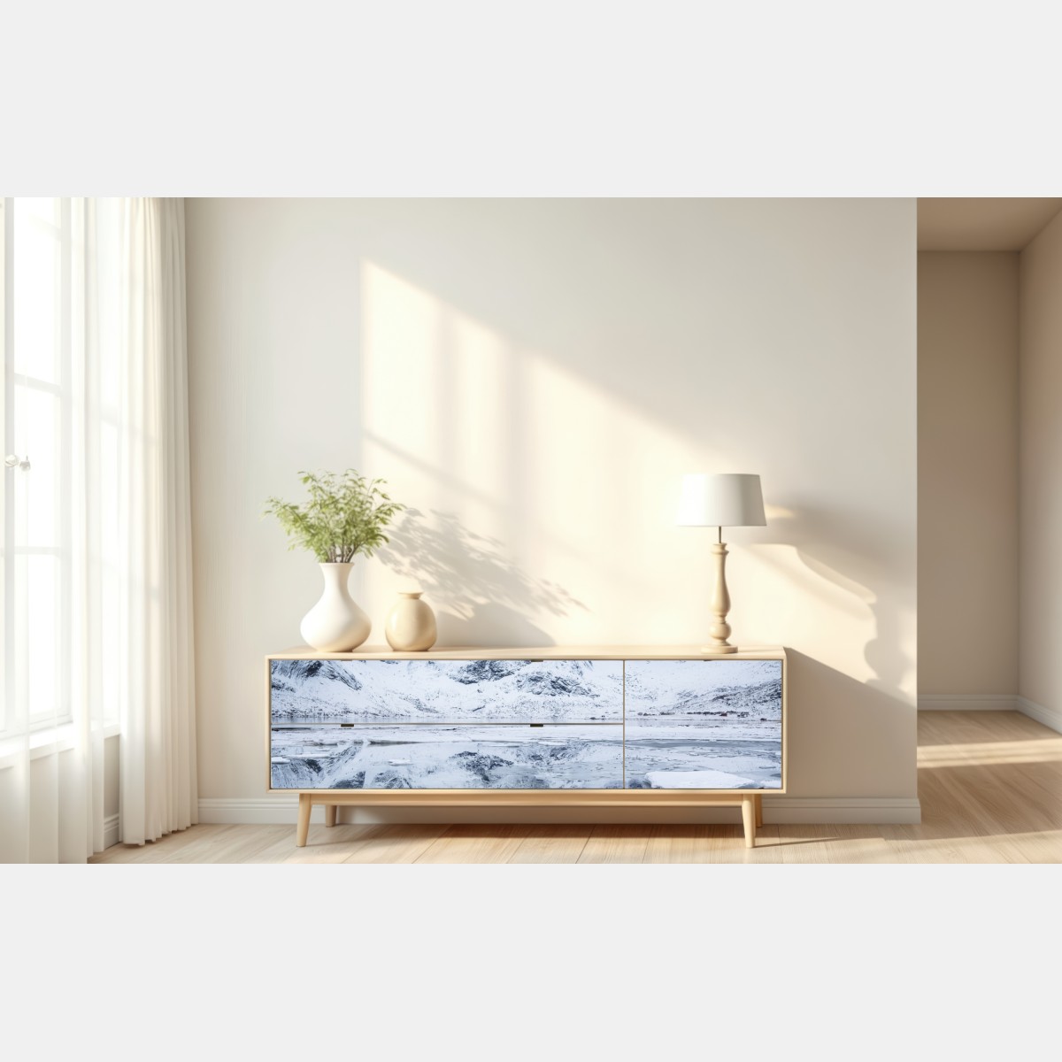 Repositionierbarer Aufkleber verschneite bergspiegelung in Norwegen – Wallnifity® Repositionierbarer Aufkleber verschneite bergspiegelung in Norwegen – Wallnifity®