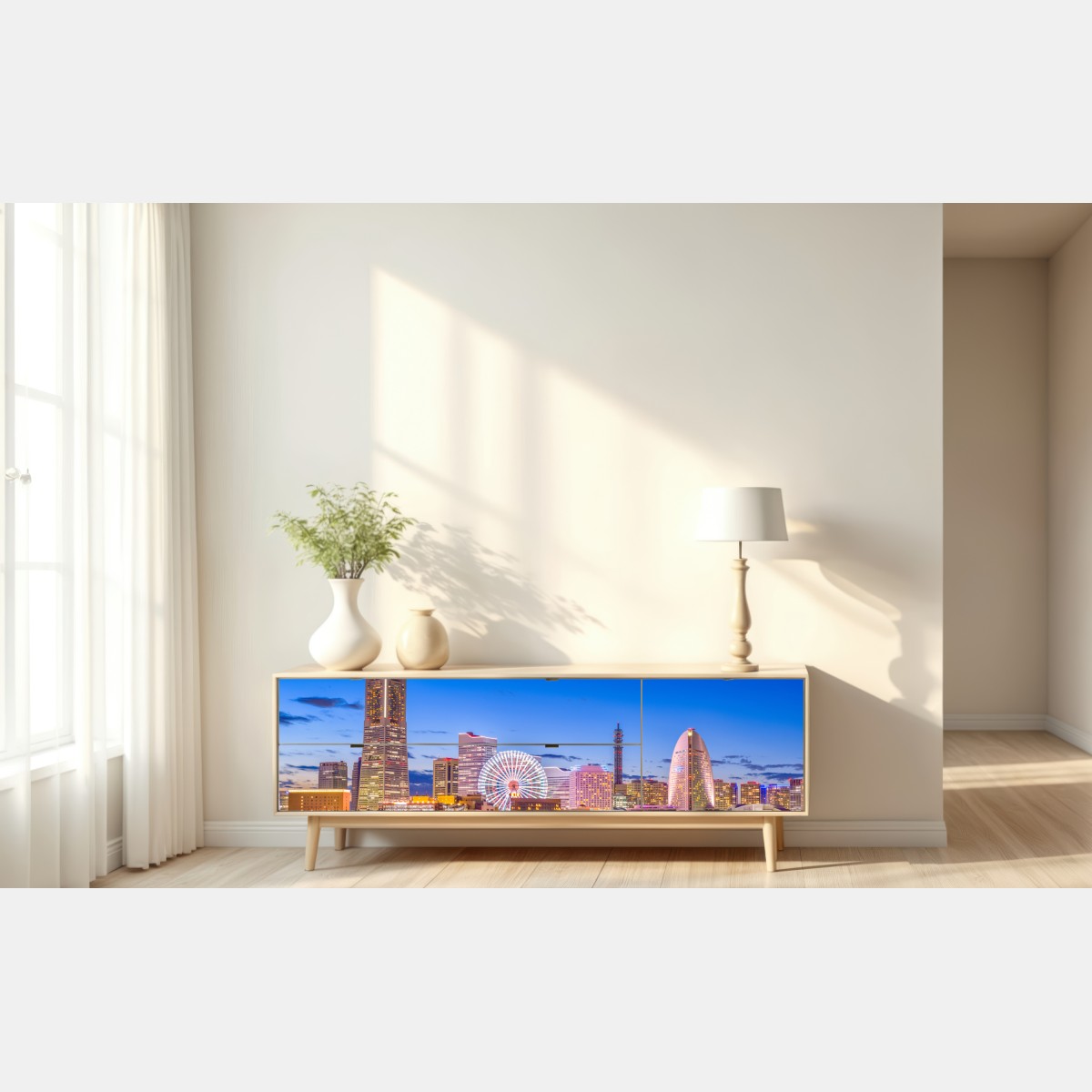 Repositionierbarer Aufkleber Yokohama skyline bei dämmerung – Wallnifity® Repositionierbarer Aufkleber Yokohama skyline bei dämmerung – Wallnifity®